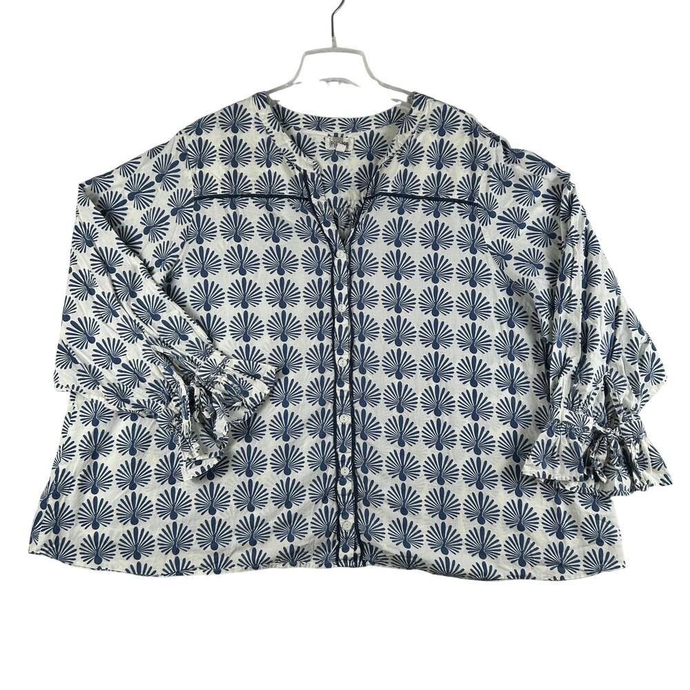 Porridge Blouse Womens 3X Blue Geometric Peacock Print Button Ruffle Bell Sleeve